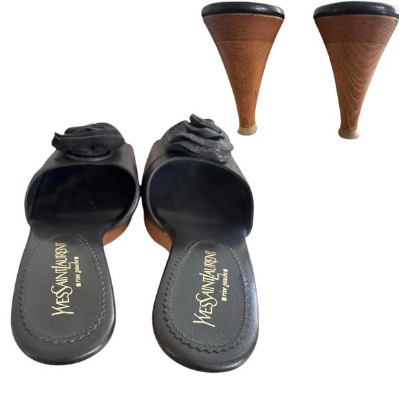 AUTHENTIC YSL YVES SAINT LAURENT Y2K BLACK ROSE LEATER HEELS SANDALS SZ 6/36 EUC - Picture 4 of 6